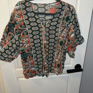 SHEIN Floral Patchwork Blouse - Green and Orange